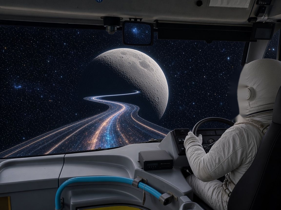 An astronaut at the wheel of a bus, driving through space towards the Moon
